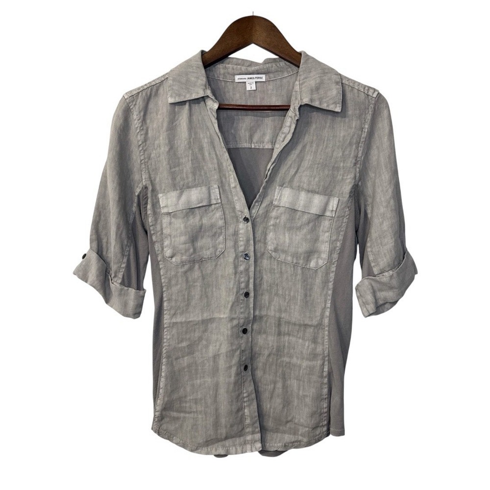 James Perse Classic Contrast Panel Summer Linen shirt women's medium 2 gray USA